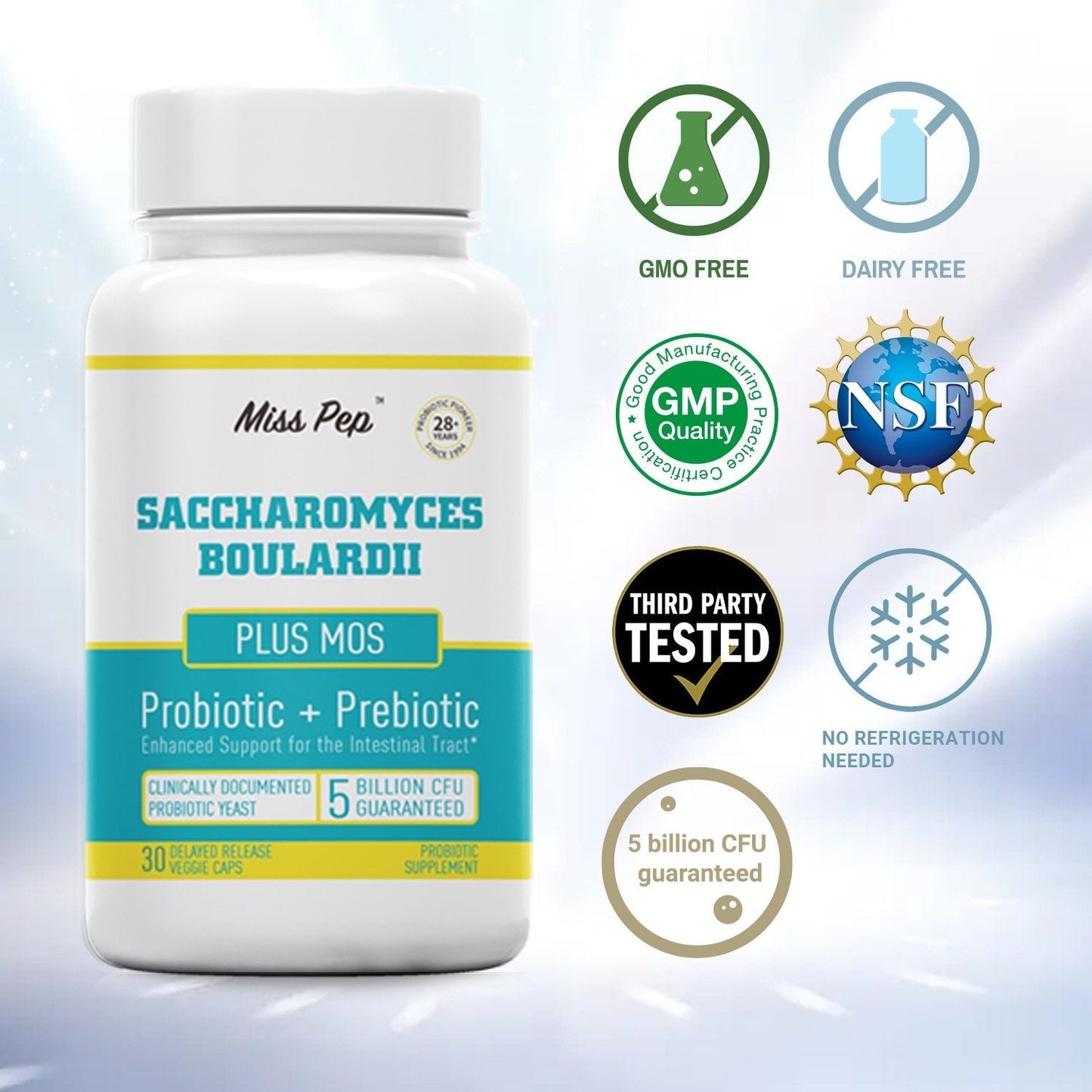 Misspep 250 mg Saccharomyces Boulardii Probiotics Plus MOS Yeast Fraction for Gut Health, 5 Billion CFU